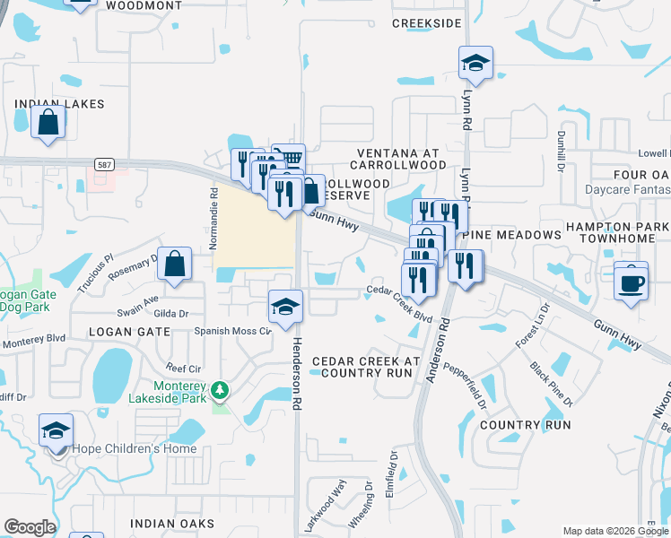 map of restaurants, bars, coffee shops, grocery stores, and more near 12718 Wood Trail Boulevard in Tampa