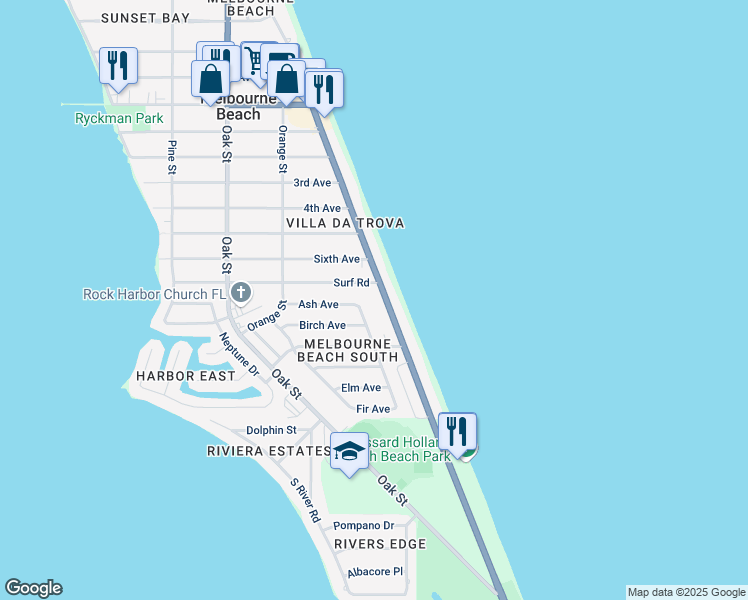 map of restaurants, bars, coffee shops, grocery stores, and more near 1805 Redwood Avenue in Melbourne Beach