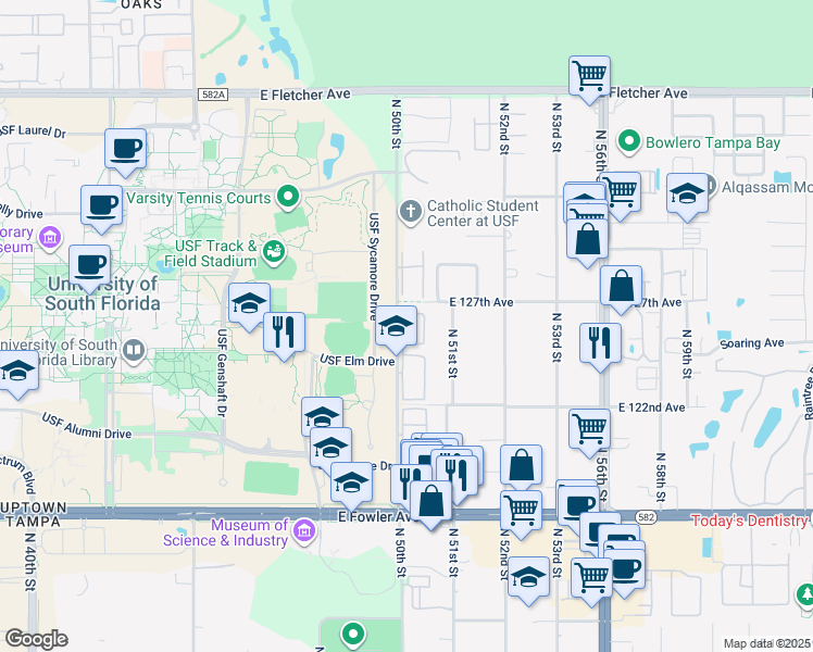 map of restaurants, bars, coffee shops, grocery stores, and more near 5016 Sunridge Palms Drive in Tampa