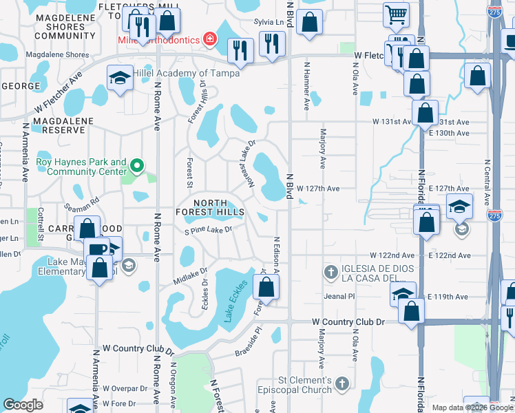 map of restaurants, bars, coffee shops, grocery stores, and more near 12119 Golfside Drive in Tampa