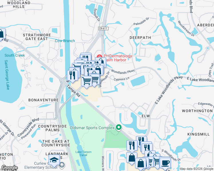 map of restaurants, bars, coffee shops, grocery stores, and more near 134 Cypress Court in Oldsmar
