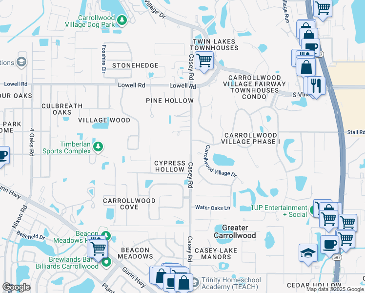 map of restaurants, bars, coffee shops, grocery stores, and more near 12606 Casey Road in Tampa
