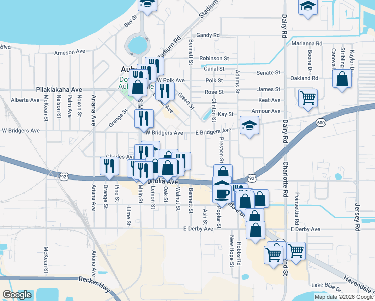 map of restaurants, bars, coffee shops, grocery stores, and more near 402 Bennett Street in Auburndale