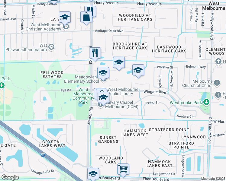 map of restaurants, bars, coffee shops, grocery stores, and more near 2800 Wingate Boulevard in West Melbourne