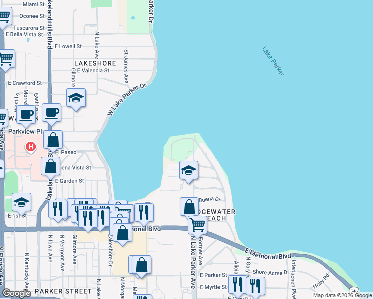 map of restaurants, bars, coffee shops, grocery stores, and more near 1280 North Lake Parker Avenue in Lakeland