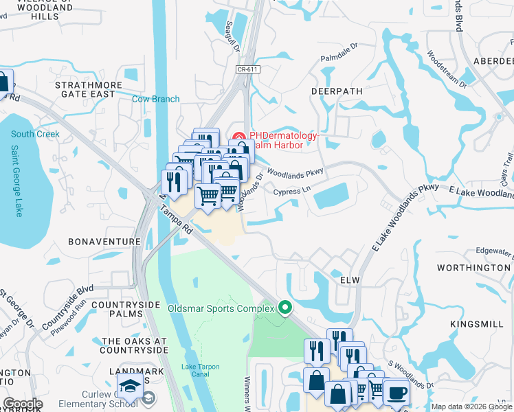 map of restaurants, bars, coffee shops, grocery stores, and more near 134 Cypress Court in Oldsmar