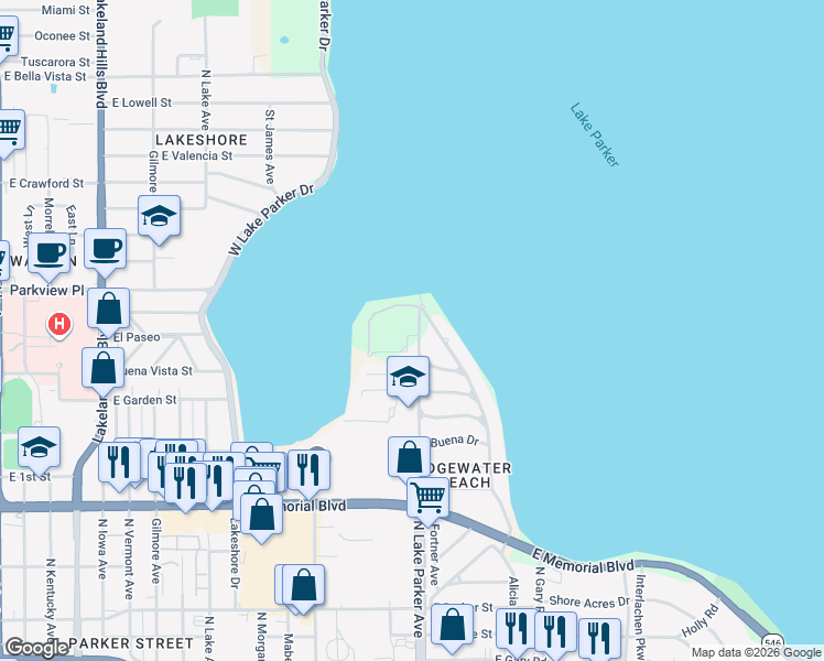 map of restaurants, bars, coffee shops, grocery stores, and more near 1255 North Lake Parker Avenue in Lakeland