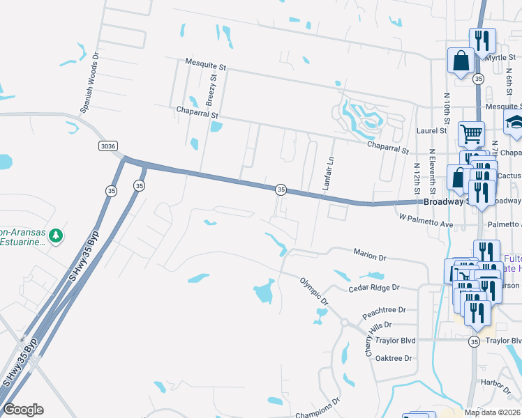 map of restaurants, bars, coffee shops, grocery stores, and more near 1702 Farm to Market Road 3036 in Rockport