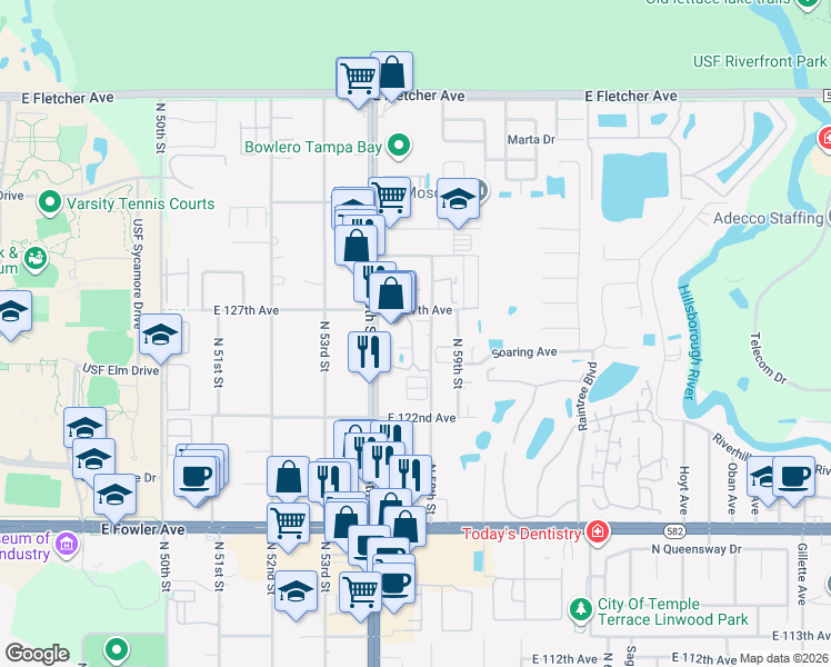 map of restaurants, bars, coffee shops, grocery stores, and more near 12425 Touchton Drive in Tampa