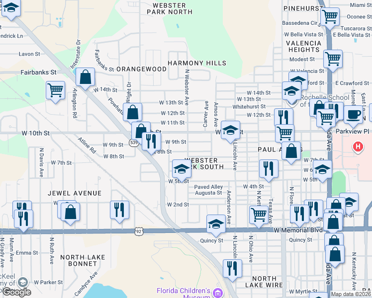 map of restaurants, bars, coffee shops, grocery stores, and more near 1020 West 8th Street in Lakeland