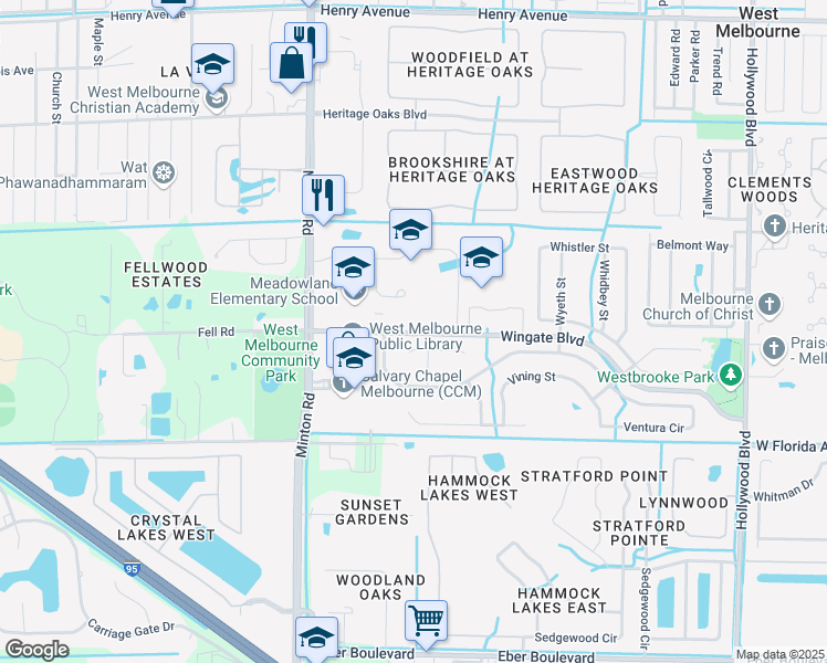 map of restaurants, bars, coffee shops, grocery stores, and more near 2800 Wingate Boulevard in West Melbourne