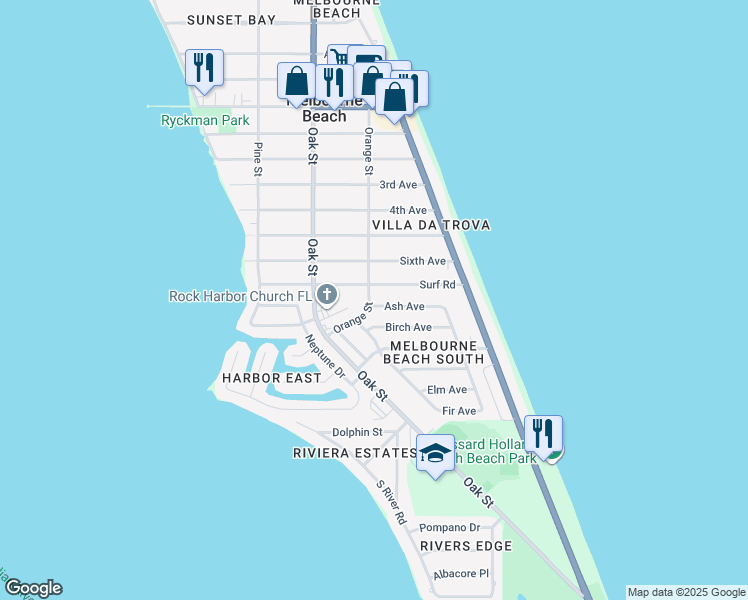 map of restaurants, bars, coffee shops, grocery stores, and more near 1703 Orange Street in Melbourne Beach