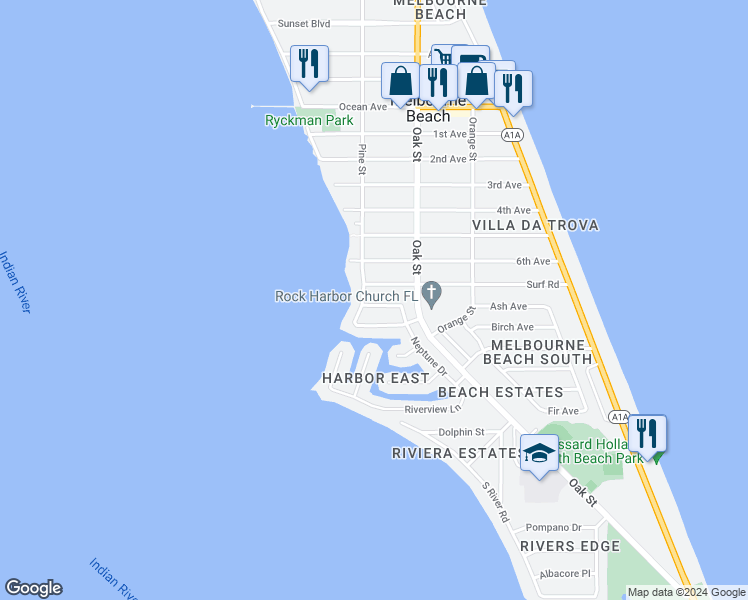 map of restaurants, bars, coffee shops, grocery stores, and more near 408 Coral Avenue in Melbourne Beach