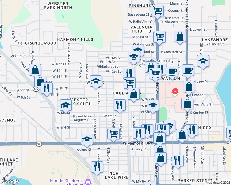 map of restaurants, bars, coffee shops, grocery stores, and more near 619 West 8th Street in Lakeland