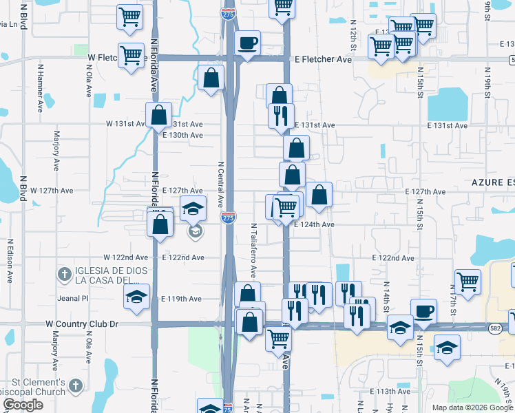 map of restaurants, bars, coffee shops, grocery stores, and more near 12408 North Taliaferro Avenue in Tampa