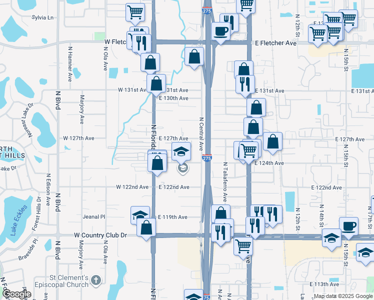 map of restaurants, bars, coffee shops, grocery stores, and more near 308 East 124th Avenue in Tampa