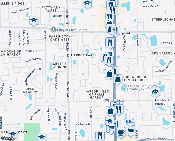 map of restaurants, bars, coffee shops, grocery stores, and more near 589 Harbor Lake Circle in Palm Harbor