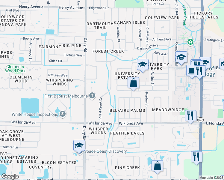 map of restaurants, bars, coffee shops, grocery stores, and more near 3173 Forest Creek Drive in Melbourne