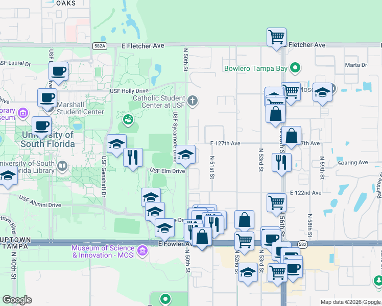 map of restaurants, bars, coffee shops, grocery stores, and more near 5016 Sunridge Palms Drive in Tampa