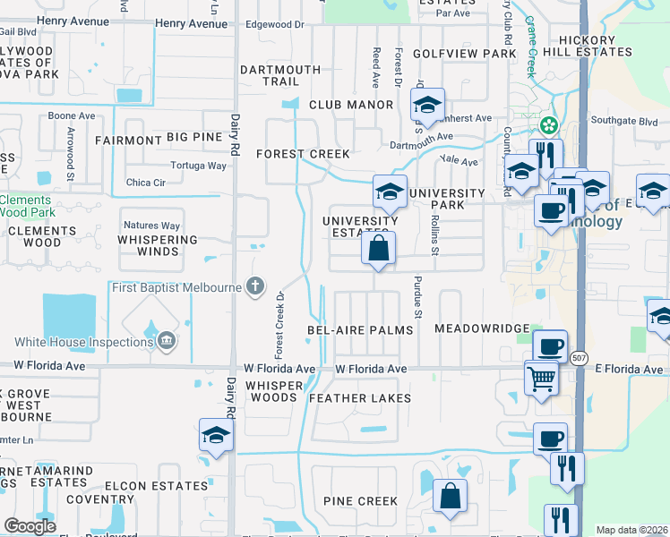 map of restaurants, bars, coffee shops, grocery stores, and more near 712 Fishtail Palm Boulevard in Melbourne