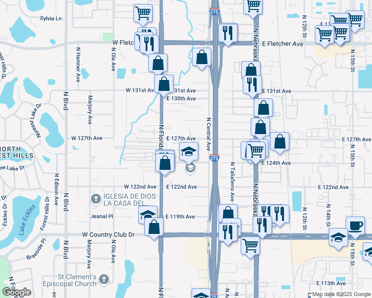 map of restaurants, bars, coffee shops, grocery stores, and more near 303 Oak Rose Lane in Tampa