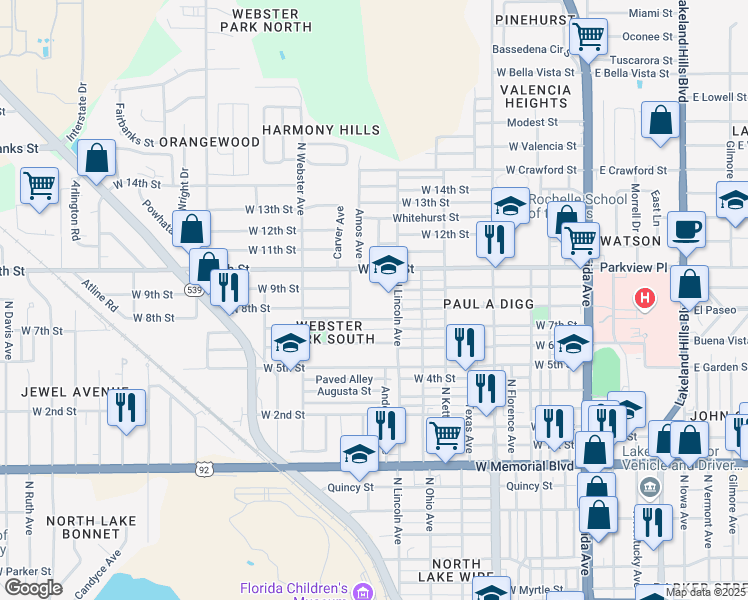 map of restaurants, bars, coffee shops, grocery stores, and more near 1330 North Lincoln Avenue in Lakeland