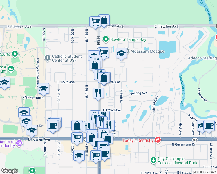 map of restaurants, bars, coffee shops, grocery stores, and more near 12425 Touchton Drive in Tampa