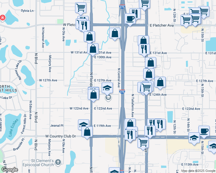 map of restaurants, bars, coffee shops, grocery stores, and more near 308 East 124th Avenue in Tampa