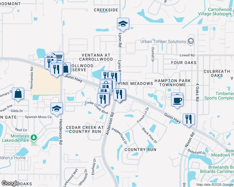 map of restaurants, bars, coffee shops, grocery stores, and more near 12080 Anderson Road in Citrus Park