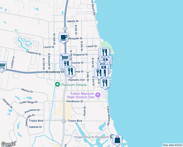 map of restaurants, bars, coffee shops, grocery stores, and more near 301 Palmetto Avenue in Rockport