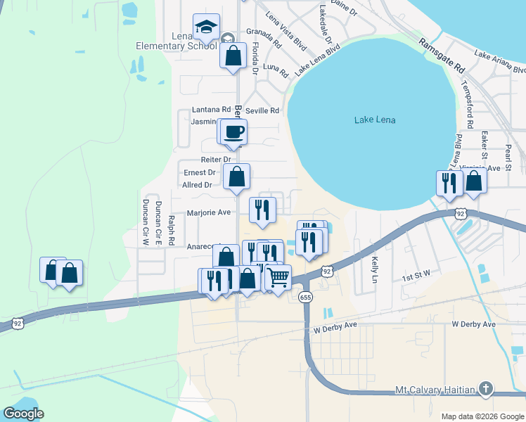 map of restaurants, bars, coffee shops, grocery stores, and more near 2229 Gabarone Boulevard in Auburndale
