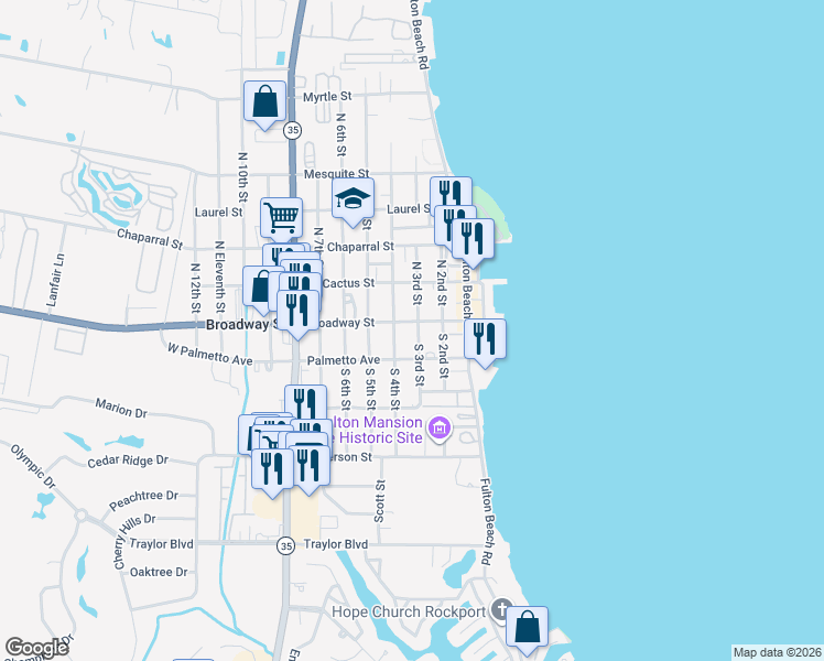 map of restaurants, bars, coffee shops, grocery stores, and more near 301 Palmetto Avenue in Rockport