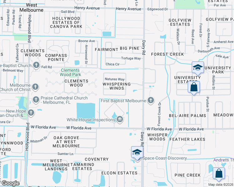 map of restaurants, bars, coffee shops, grocery stores, and more near 3224 Soft Breeze Circle in West Melbourne
