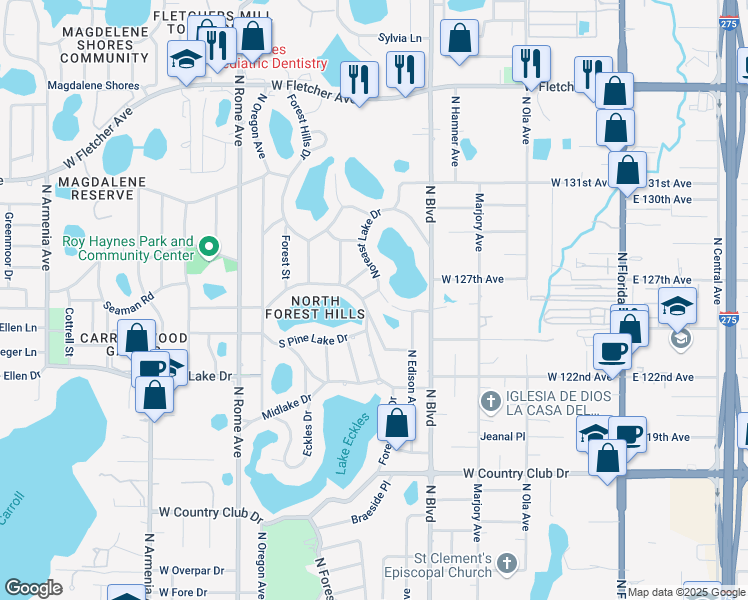 map of restaurants, bars, coffee shops, grocery stores, and more near 1004 Pond Road in Tampa