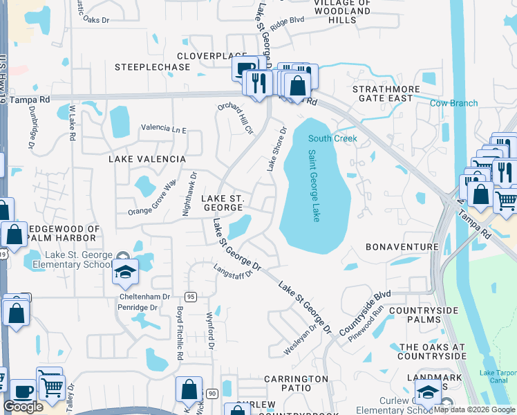 map of restaurants, bars, coffee shops, grocery stores, and more near 540 Sheridan Drive in Palm Harbor