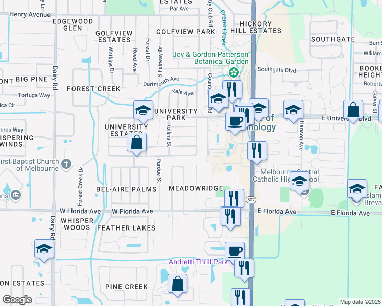 map of restaurants, bars, coffee shops, grocery stores, and more near 304 Cornell Avenue in Melbourne