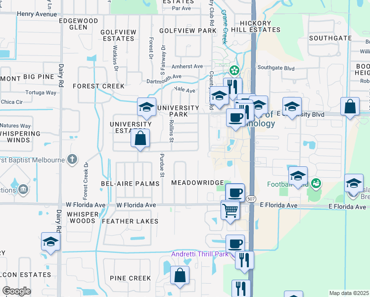 map of restaurants, bars, coffee shops, grocery stores, and more near 310 Cornell Avenue in Melbourne