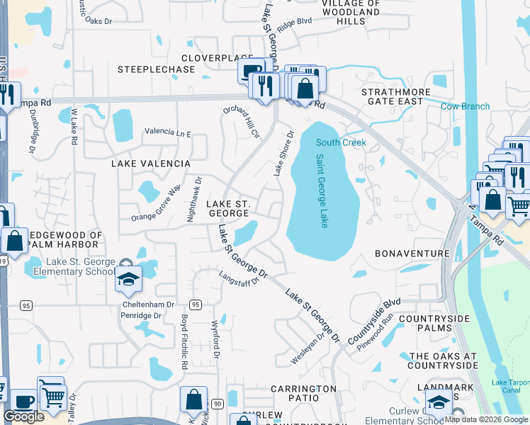 map of restaurants, bars, coffee shops, grocery stores, and more near 2809 Northcote Drive in Palm Harbor
