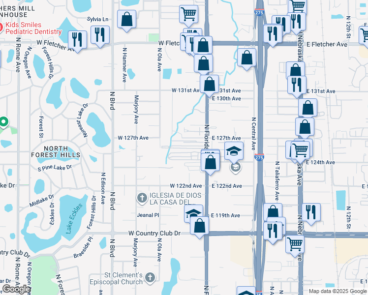 map of restaurants, bars, coffee shops, grocery stores, and more near 12428 North Florida Avenue in Tampa