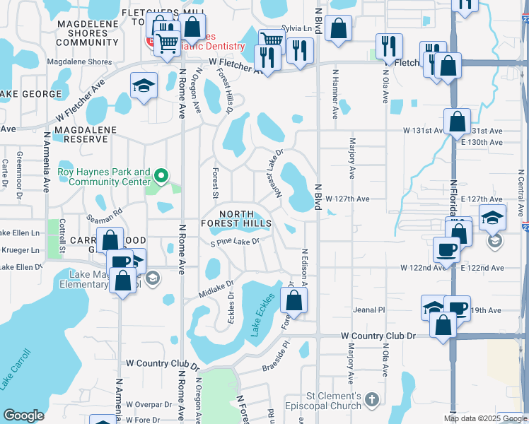 map of restaurants, bars, coffee shops, grocery stores, and more near 12504 Forest Hills Drive in Tampa