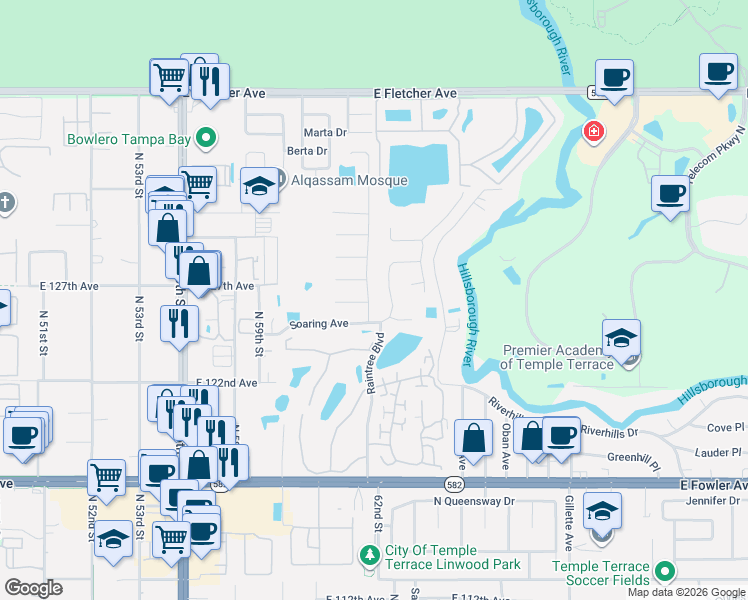 map of restaurants, bars, coffee shops, grocery stores, and more near 12506 Rain Forest Street in Tampa