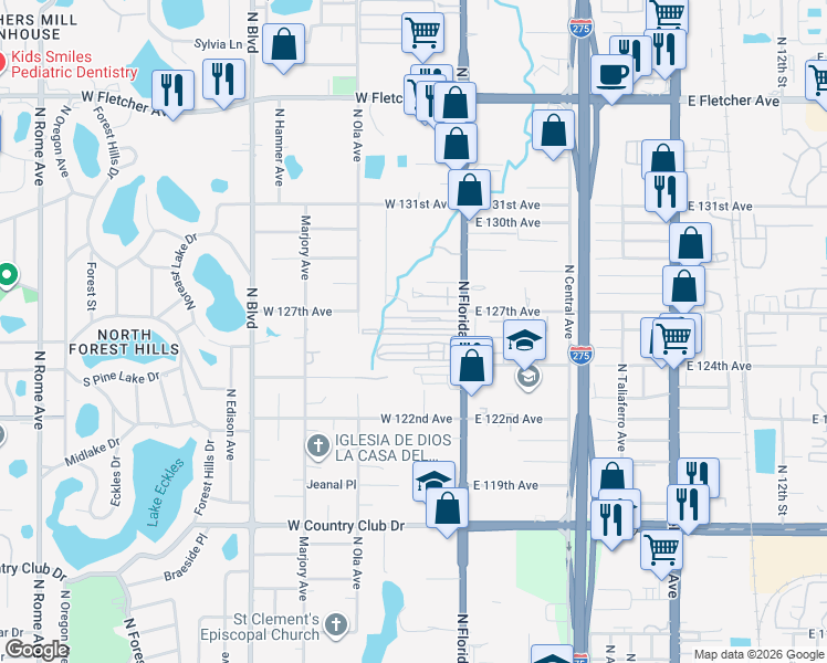map of restaurants, bars, coffee shops, grocery stores, and more near 12428 North Florida Avenue in Tampa