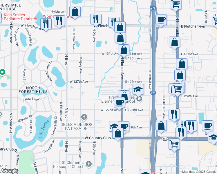 map of restaurants, bars, coffee shops, grocery stores, and more near 12428 North Florida Avenue in Tampa