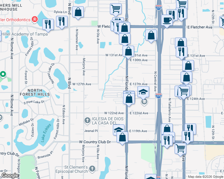 map of restaurants, bars, coffee shops, grocery stores, and more near 12428 North Florida Avenue in Tampa