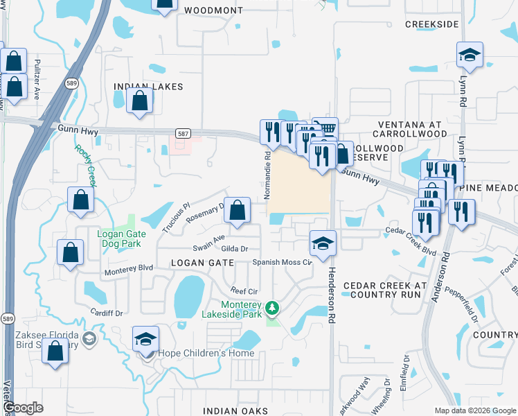 map of restaurants, bars, coffee shops, grocery stores, and more near 12803 Pota Place in Tampa