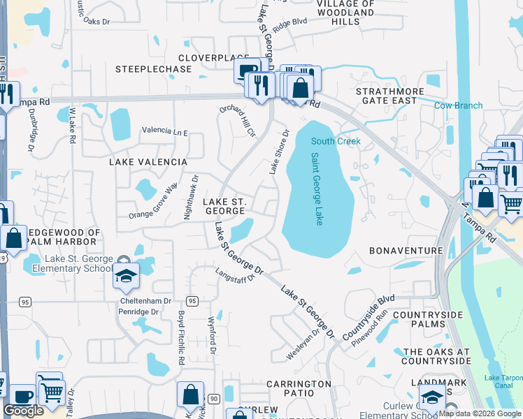 map of restaurants, bars, coffee shops, grocery stores, and more near 2809 Northcote Drive in Palm Harbor
