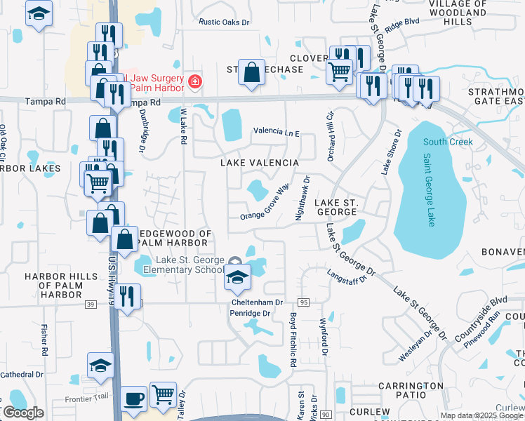 map of restaurants, bars, coffee shops, grocery stores, and more near 4655 Orange Grove Way in Palm Harbor