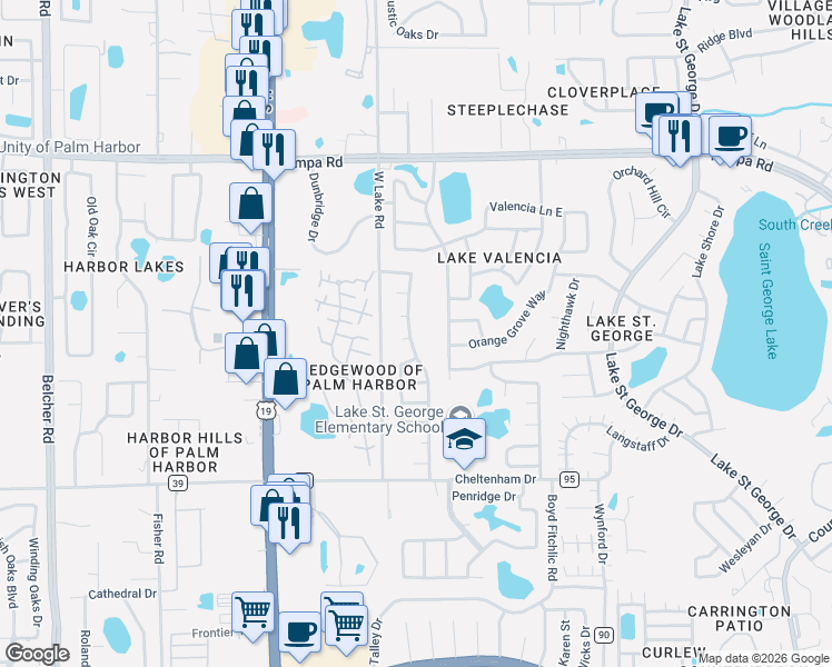 map of restaurants, bars, coffee shops, grocery stores, and more near 4701 Lake Valencia Boulevard West in Palm Harbor