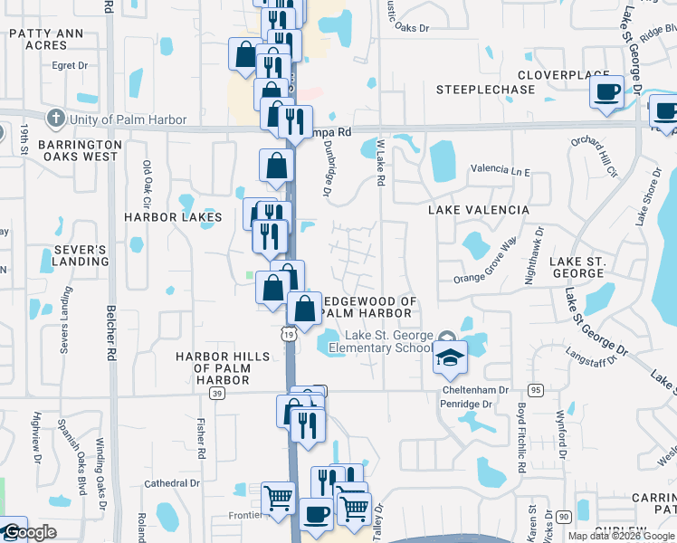 map of restaurants, bars, coffee shops, grocery stores, and more near 2614 10th Court in Palm Harbor