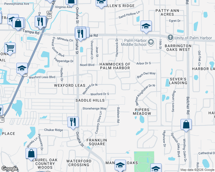 map of restaurants, bars, coffee shops, grocery stores, and more near 487 Westford Circle in Palm Harbor